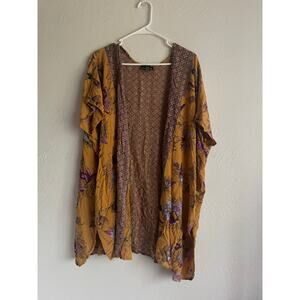 ANGIE Yellow Floral Open Kimono Cover Up Cardigan Boho Gypsy Baggy Swim lightwt